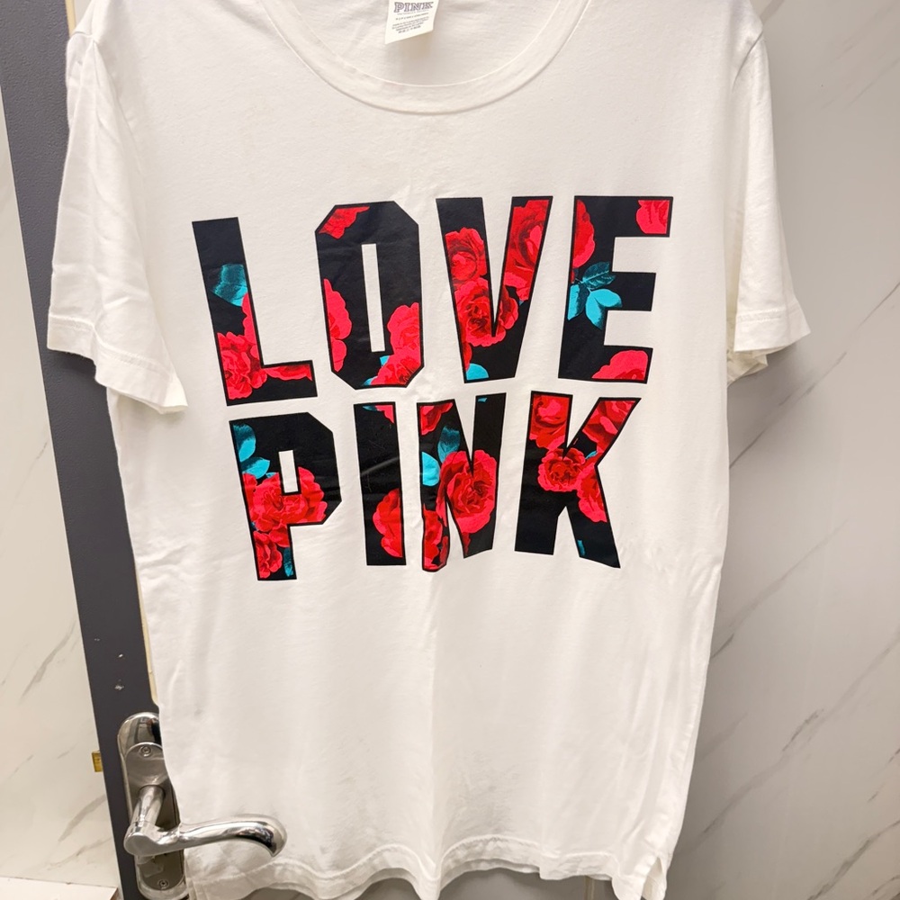 PINK Victoria's Secret White with Love Pink Branding T-Shirt Size Small